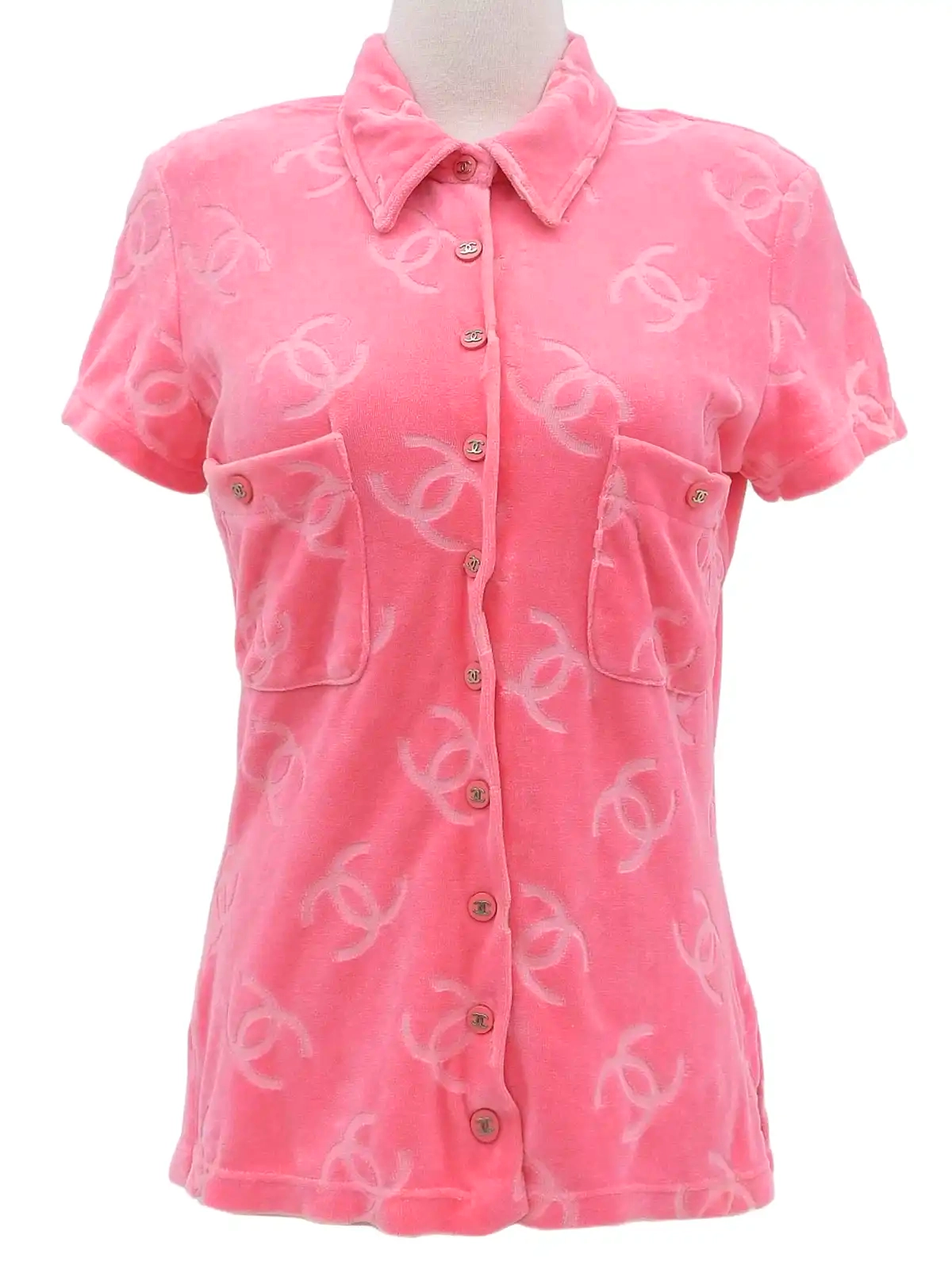 ベルベットココマークパターンハーフスリーブシャツ　ピンク