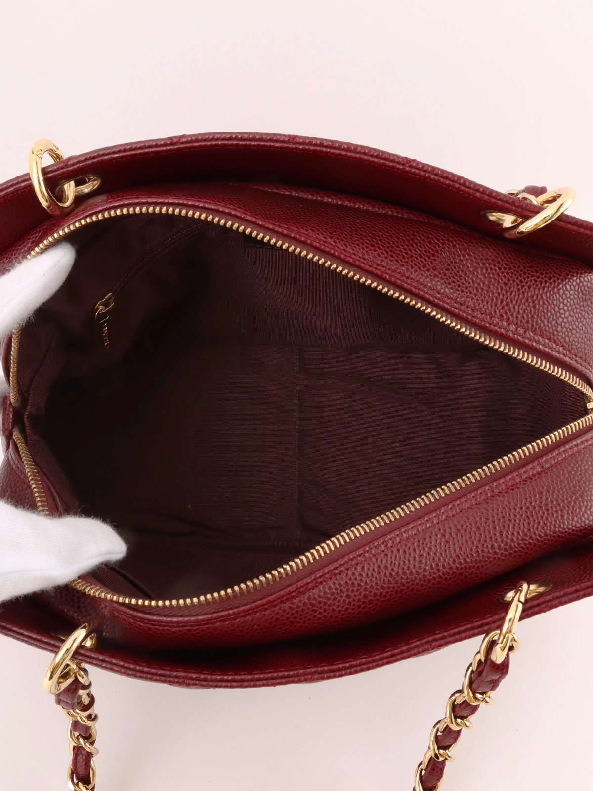 国内発送シャネル CC ショッピング トート ステッチ ブルスキン CHANEL 2008年頃製 キャビアスキンCCマークステッチチェーン