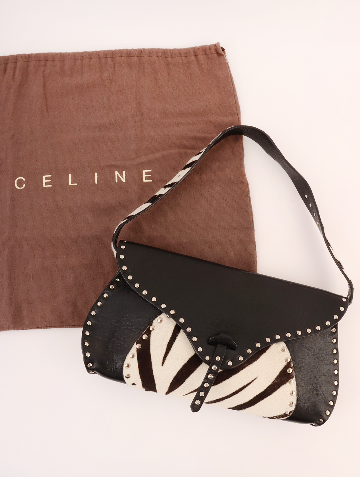 CELINE ハラコゼブラパターンスタッズハンドバッグ ブラック
