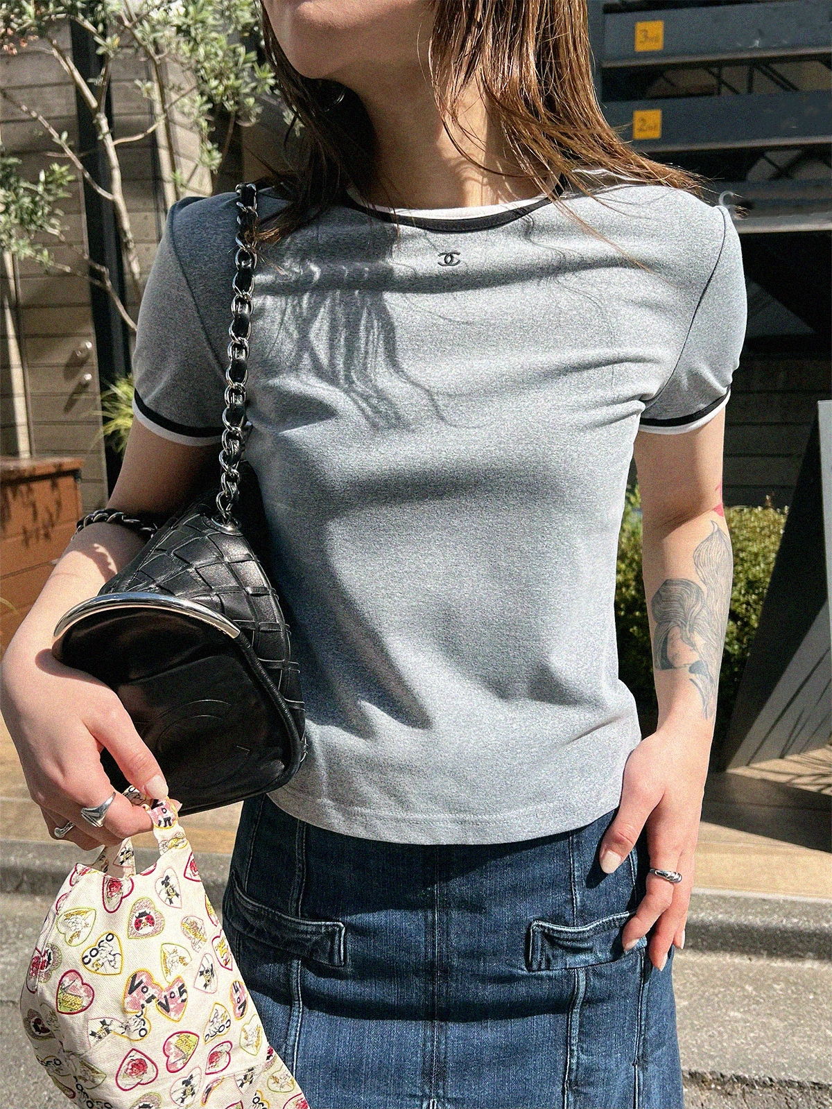 ヴィンテージ　CHANEL トップス　グレー　ココマーク CHANEL CCマークハーフスリーブトップス グレー｜VINTAGE QOO
