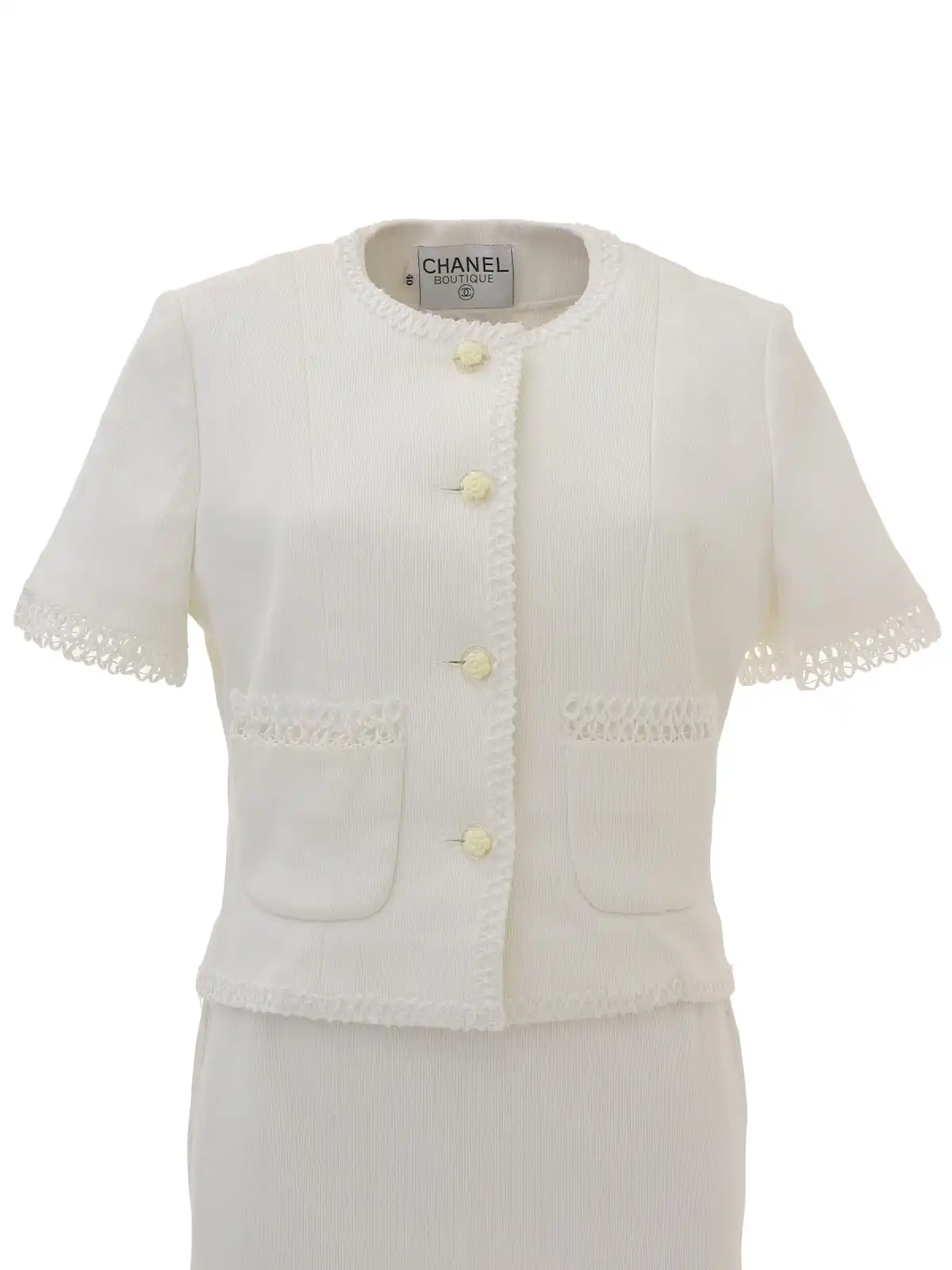 CHANEL - シャネル 12SS コットン ツイード ココマークボタン 筆記体 カメリア裏地 ノーカラージャケット P43716 グリーン  34【中古】の通販 by retro.jp ラクマ店｜シャネルならラクマ