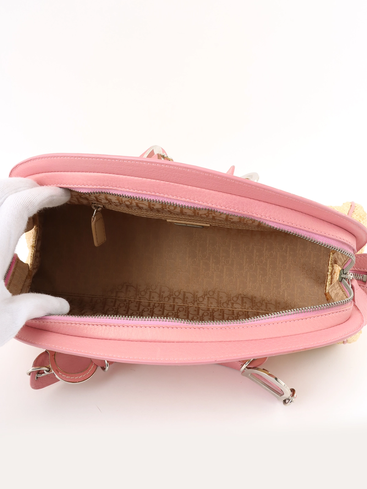 ［VINTAGE] MIU MIU ラフィア コルクソール 厚底★Aランク DIOR フラワーデザインラフィアバッグ ベージュ／ピンク