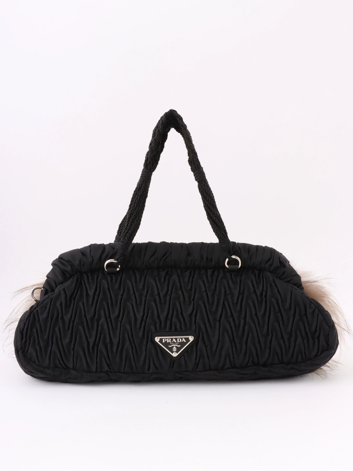 PRADA ナイロンファーロゴプレート2wayハンドバッグ ブラック PRADA ナイロンファーロゴプレート2wayハンドバッグ ブラック