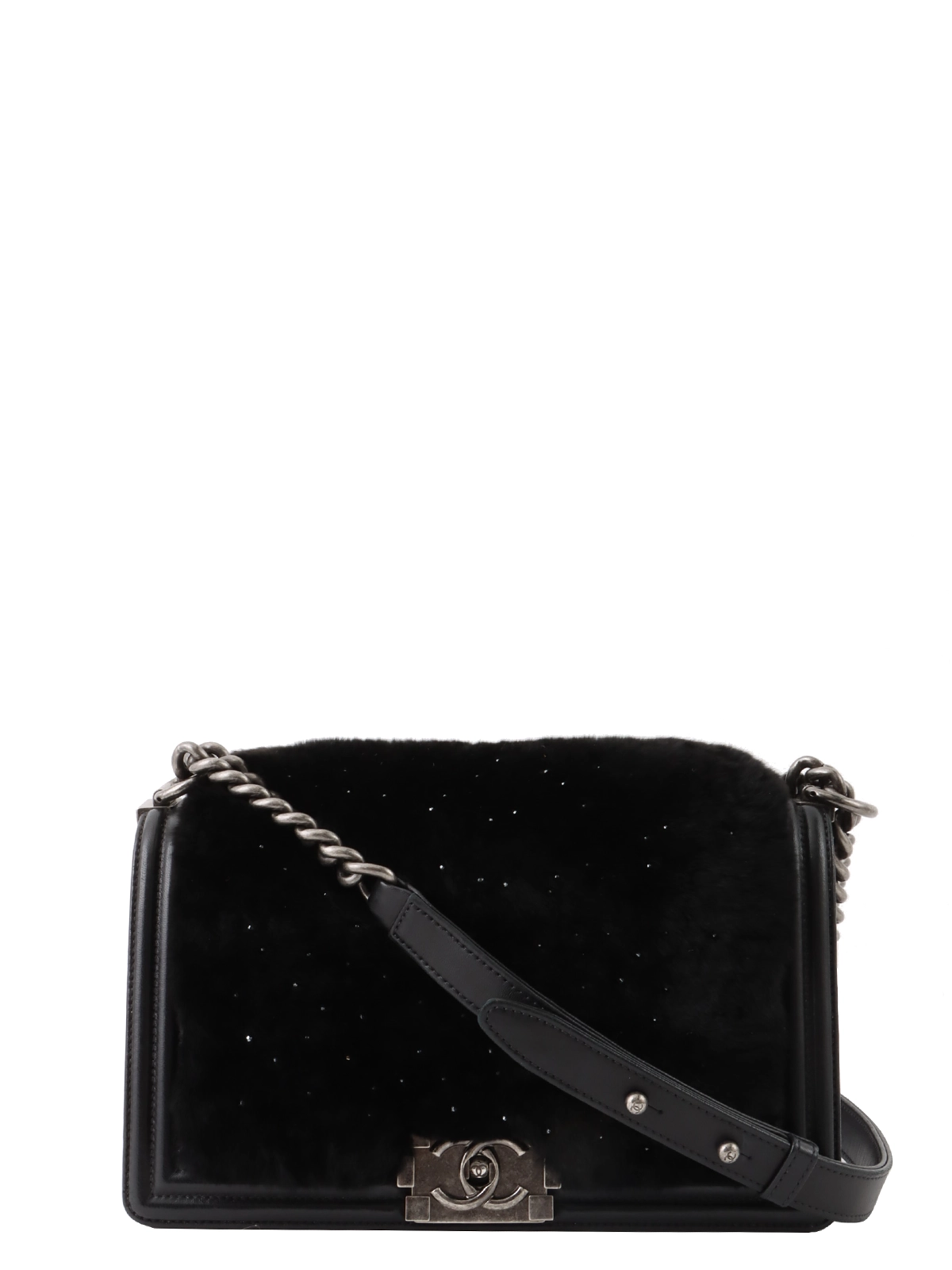 CHANEL 2015年頃製 ラインストーンファーレザーコンビボーイ CHANEL 2015年頃製 ラインストーンファーレザーコンビボーイ