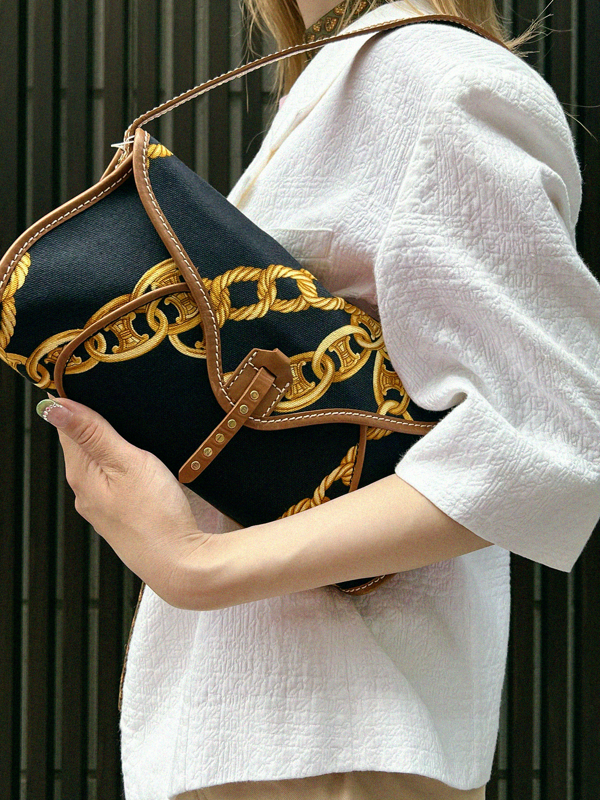 CELINE マカダムチェーンパターンワンショルダーバッグ ブラウン