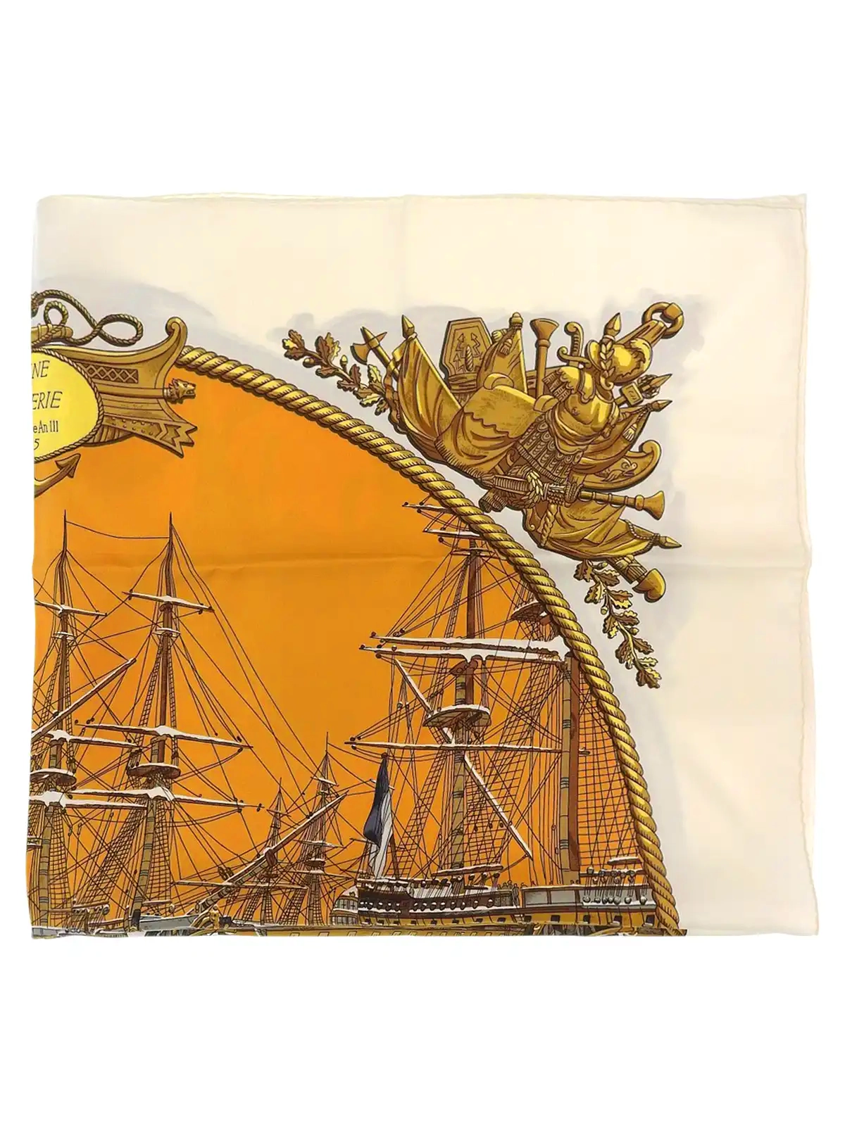 HERMES カレ90 Marine Et Cavaerieパターンスカーフ ホワイト