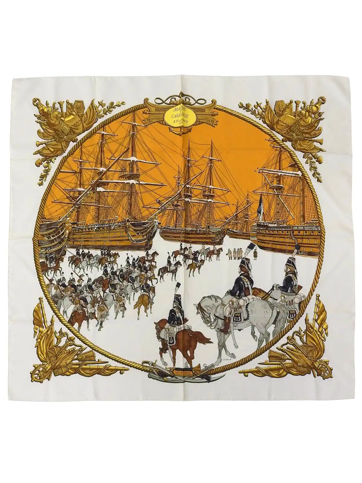 HERMES カレ90 Marine Et Cavaerieパターンスカーフ ホワイト