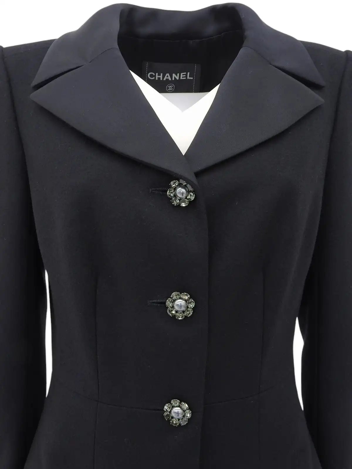 CHANEL 2008年製 ビジューパールCCマークボタンコート ブラック