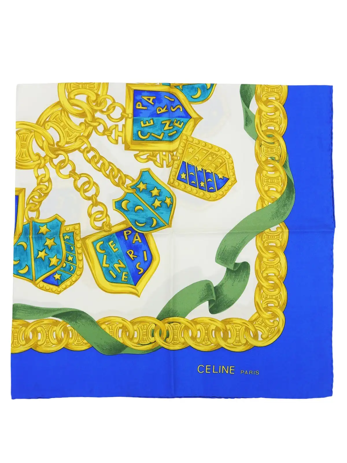 \最終値下げ/CELINE シルクスカーフ パープル チェーンデザイン CELINE チェーンロゴパターンスカーフ ブルー／マルチ｜VINTAGE