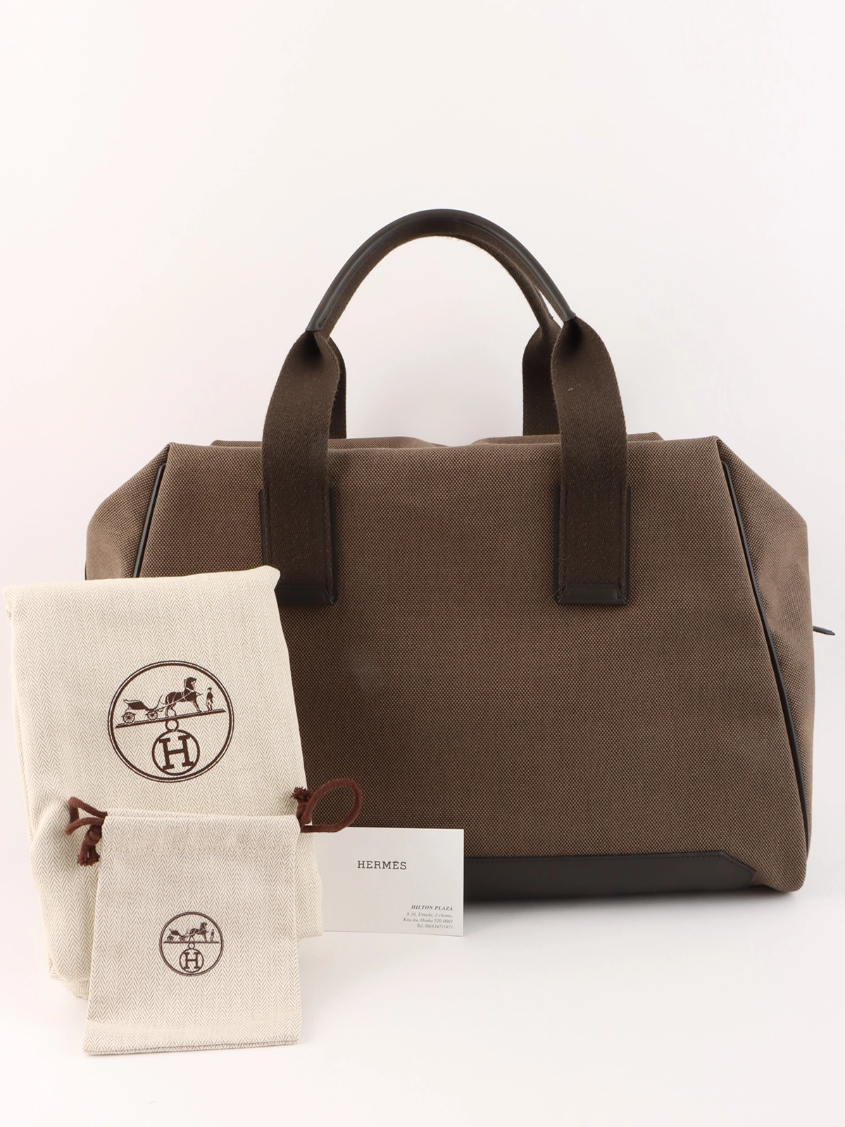 HERMESブラウン レザー キャンバス ボストンバッグ HERMES 2014年製 ボストンバッグ ブラウン／カーキ｜VINTAGE QOO