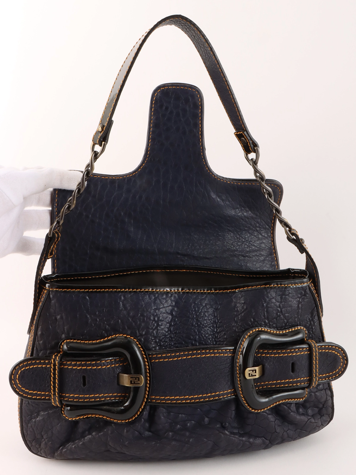 FENDI ネイビー FFロゴ チェーン総柄 FENDI FFロゴバックルチェーンショルダーバッグ ネイビー